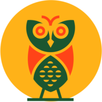 Spanish With A Gringo owl logo. Gold circle, green owl with auburn wings and eyes.